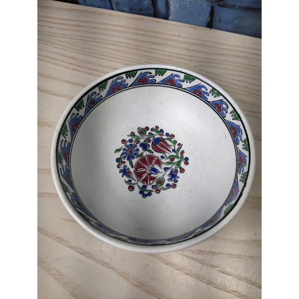 Hand painted Signed Small Turkish Bowl Red Green Floral Deer Trinkets Jewelry